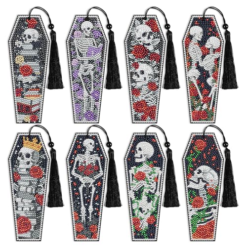 8 Pcs Gothic Skeleton Diamond Art Bookmarks Kit Skull Halloween Diamond Painting Bookmarks with Tassels for Adults DIY Horror Book Mark Craft Set for Women Men Reading Lovers