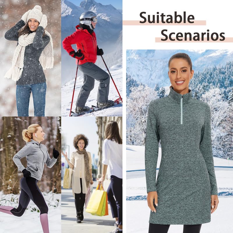 WOWENY Women's Fleece Dress Thermal Sweatshirt Tunic Dress Long Quarter Zip Pullover Polar Winter Dress with Pocket4