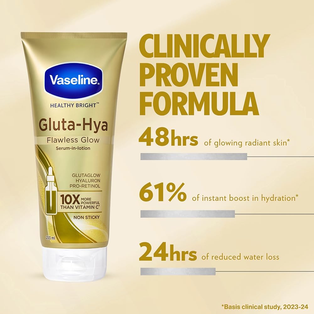 Vaseline Gluta-Hya Flawless Glow Lotion for Face & Body | Gives Brighter Skin | Glutathione & Pro-Retinol Infused Moisturizer, 200ml 3