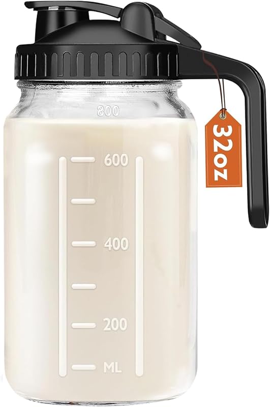 Mihlapi 32 oz Breast Milk Pitcher, 1 Quart Glass Mason Jar with Lid | BPA-Free,Double Leak-Proof Lid,Wide Mouth,Thick Glass,Sturdy Handle ,Measurement Marks,Flip Cap ,Smooth Spout