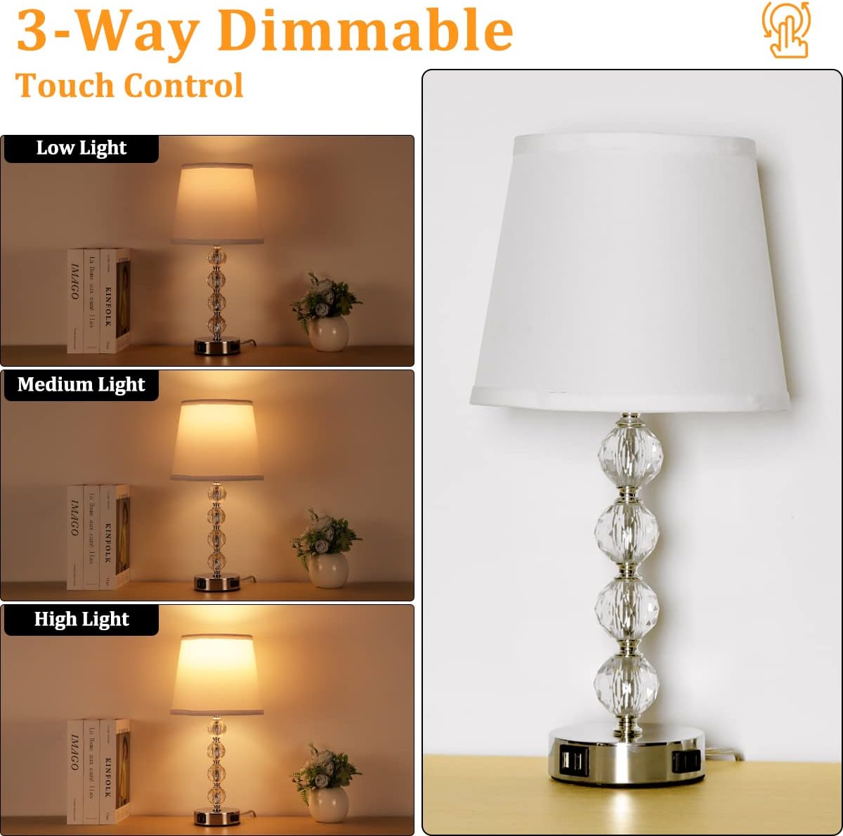 Touch Control Table Lamp, Bedside Lamps Set of 2, 3-Way Dimmable Table Lamp with 2 USB Charging Ports and One AC Outlet, Nightstand Lamp with White Shade, Table Lamps for Bedroom, 2 Bulbs Included