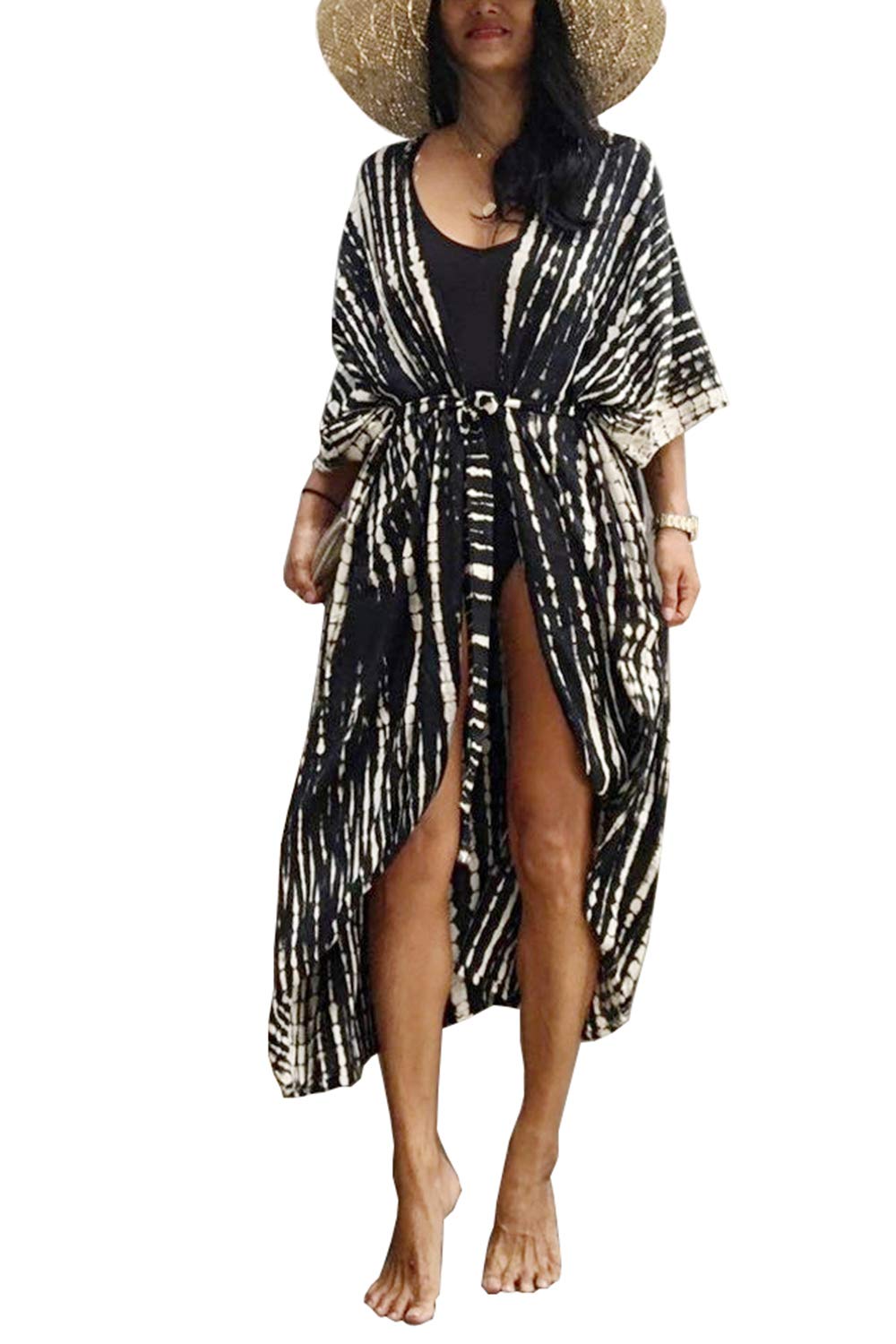 YouKD Bohemian Kimono Long Sleeve Cardigan Beach Swimsuit Cover Up Maxi Dress for Women Black White