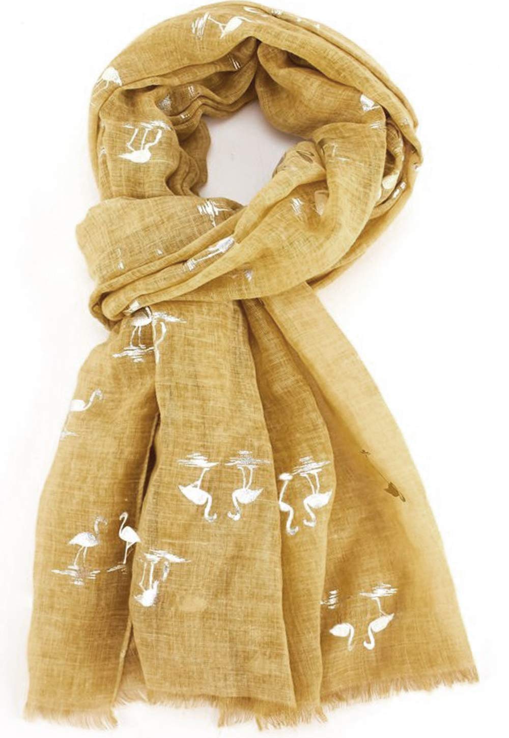 Glamlondon Women's Mustard Flamingo Print Scarf Silver Foil Birds Wrap (Mustard)