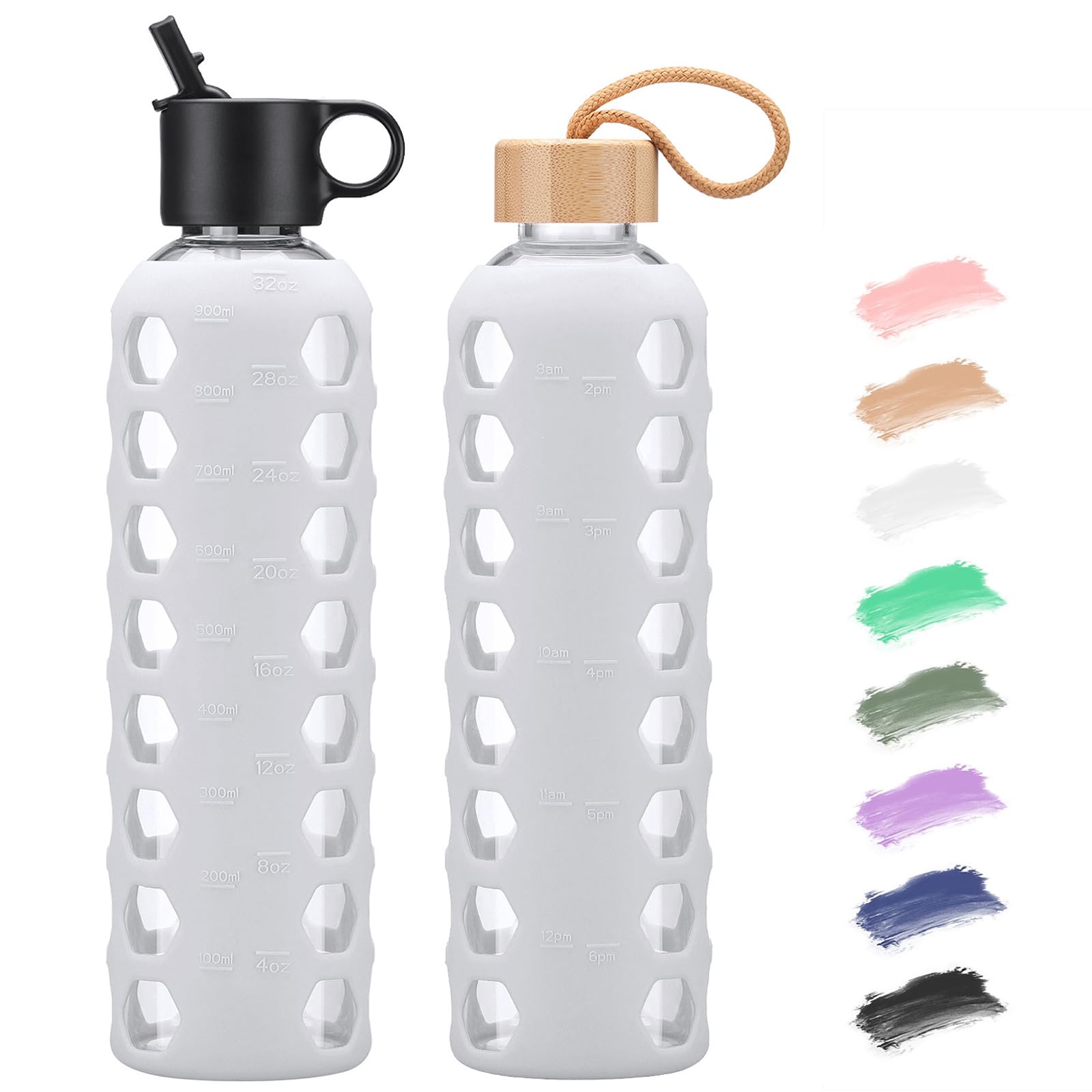 BLUEGO Borracce in vetro, 900ml Bicchiere in vetro, Bottiglie per bere con 2 coperchi, Bottiglia per l'acqua sportiva con custodia in silicone, A prova di perdite, Bianco