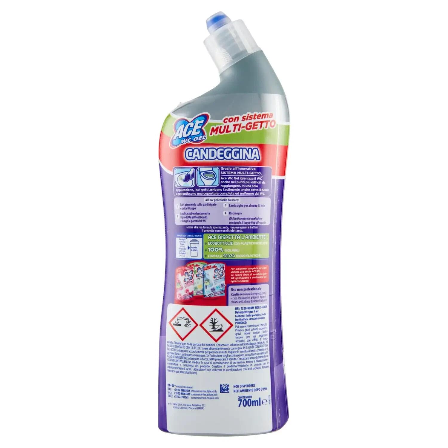 Confezione da 12 gel ACE Wc con Candeggina Lavanda, detergente per WC con candeggina, profumo di lavanda, 700 ml + 1 polvere di talco FELCE AZZURRA