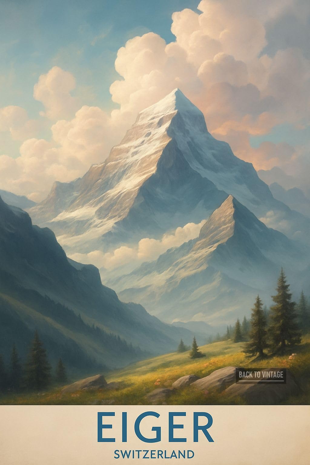 BACK TO VINTAGE Majestic Eiger Mountain Under Soft Warm Lighting in Poster Style - A4 Travel City Poster Wall Art Home Decor Art Print with Iconic Landmarks and Global Views for Culture Inspired