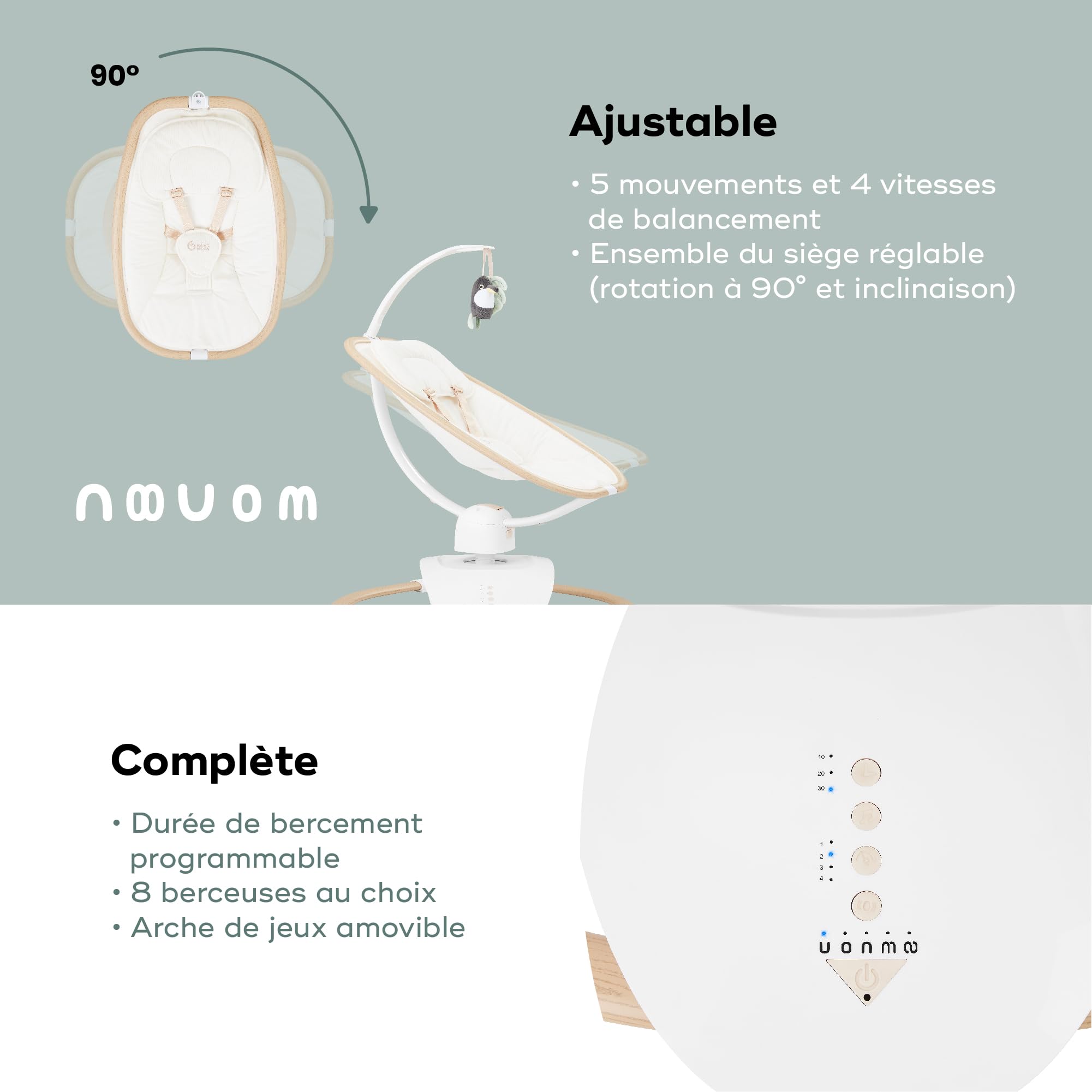 Babymoov Balancelle bébé Electrique Swoon Hoop, Télécommande Incluse, Design Epuré, Assise Rotative 90°, Confortable, 5 Mouvements de Bercement, Programmable, 8 Berceuses, Arche de Jeux Incluse, Sand