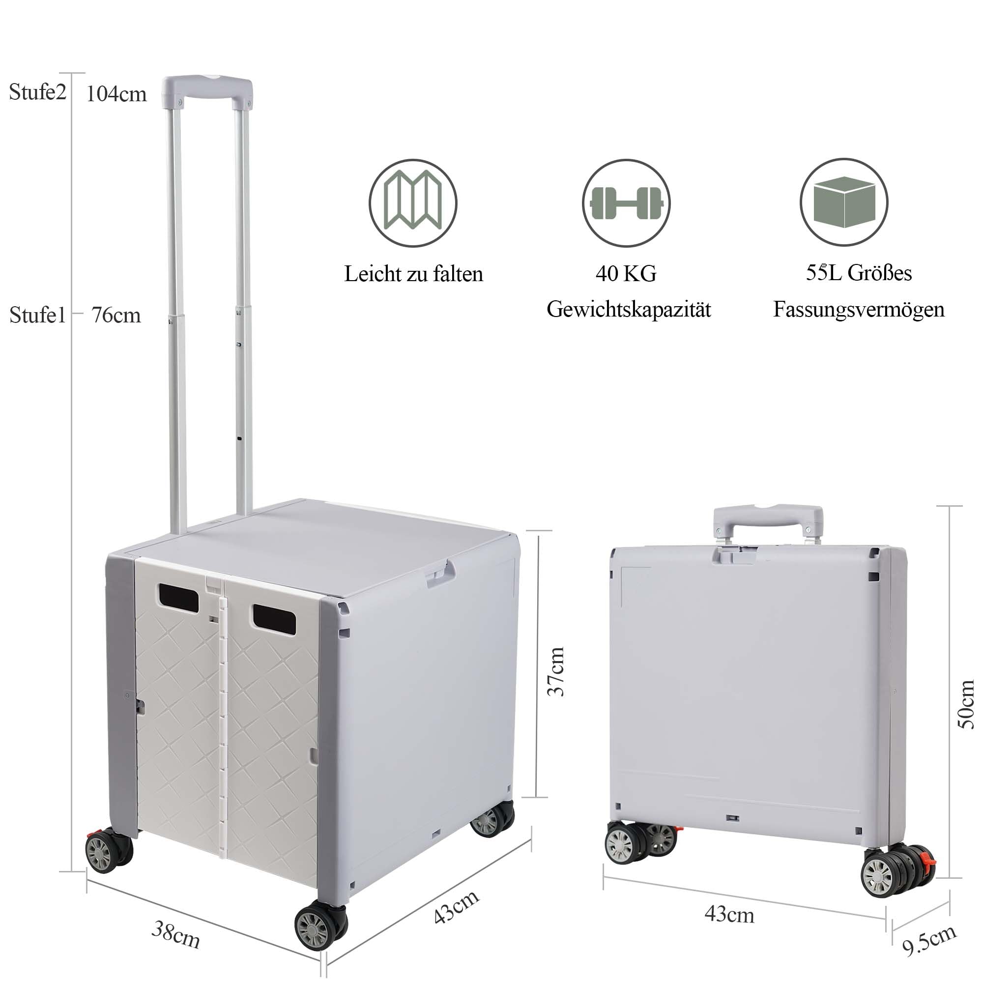 Einkaufstrolley mit Rollen Klappbar, Großer Einkaufswagen mit Deckel und Teleskopgriff, Multifunktionaler Klapptrolley für Einkäufe und Ausgänge, 4 um 360° Drehbare Rollen, bis 35 KG