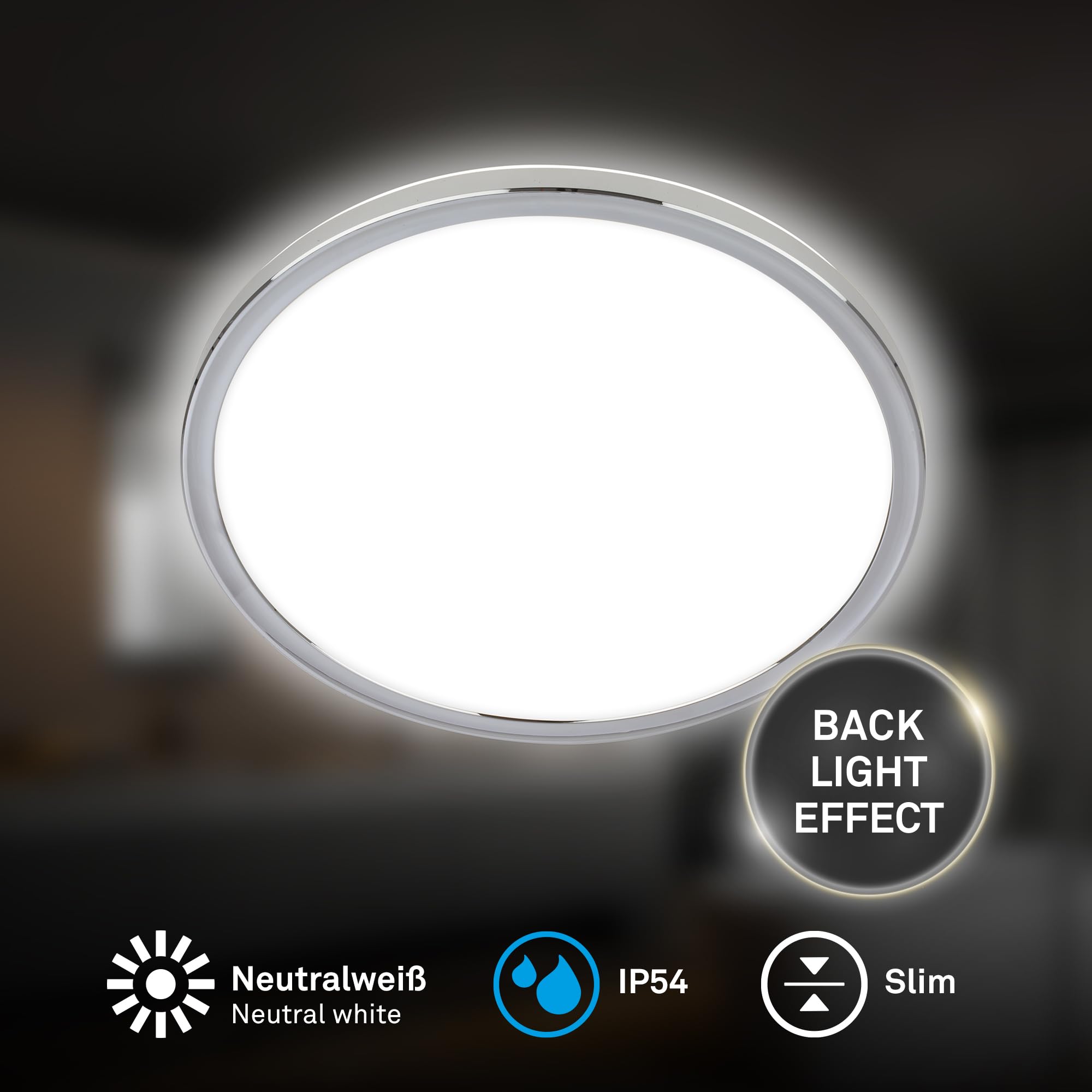 BRILONER - Plafon led techo baño con luz indirecta, IP54 protección contra polvo y salpicaduras de agua, lampara techo, lampara baño techo, plafones para techo led, 29,3x2,8 cm, cromo