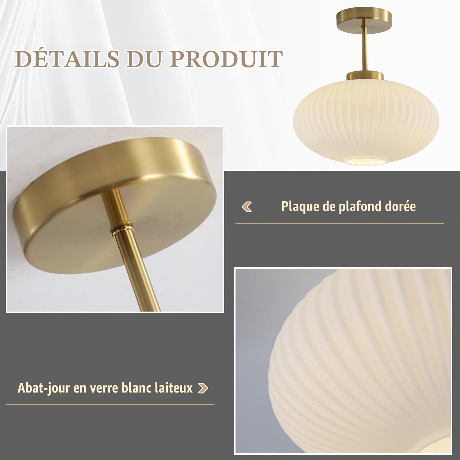 KCO Éclairage blanc en verre nervuré semi-encastré – Grand plafonnier en verre de lait doré brossé – Éclairage encastré pour salle de bain – Lumières d'entrée modernes du milieu du siècle