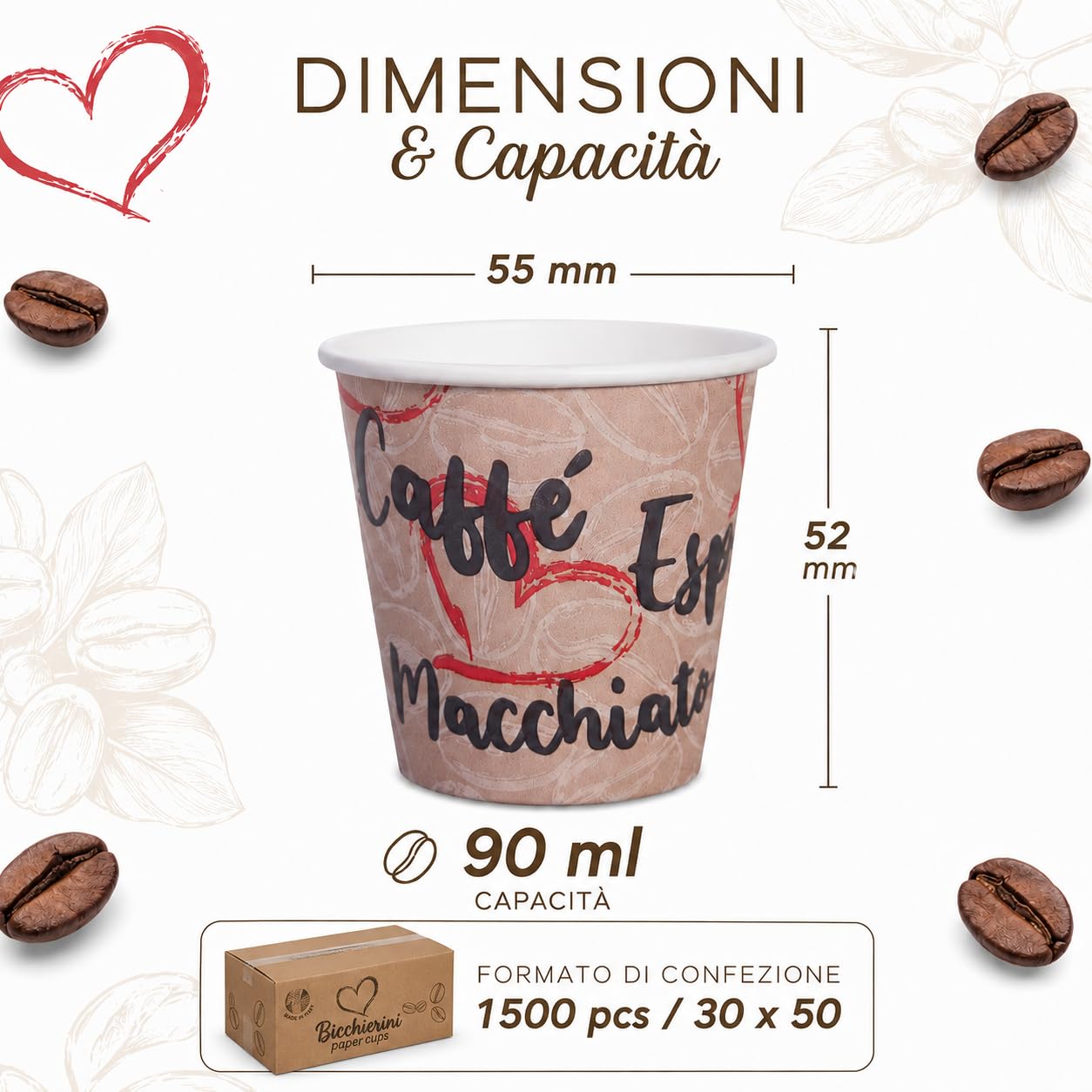 Caffetti 1500 Bicchierini Caffè Carta 90 ml Made in Italy, 30 Stecche da 50 Bicchieri Monouso per Espresso, Tazzine Usa e Getta per Bar, B&B, Ufficio, Asporto, Bevande Calde, Tema Cuore