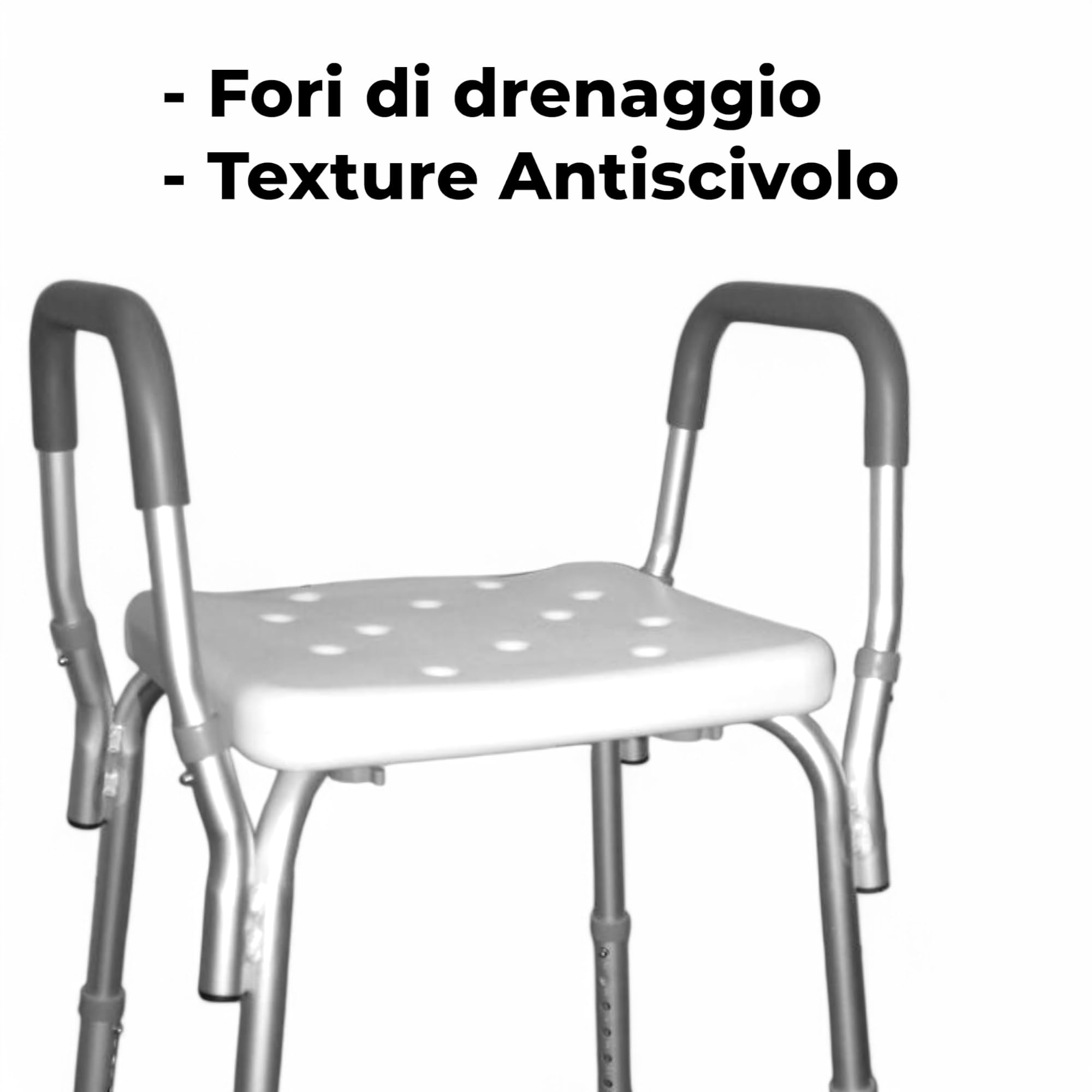 Ortopal - Sgabello Doccia Anziani e Disabili con Braccioli, Altezza Regolabile, Struttura in Alluminio, Antiscivolo, Facile da Montare - Peso Massimo 120 kg - Dimensioni 40x33cm (seduta)