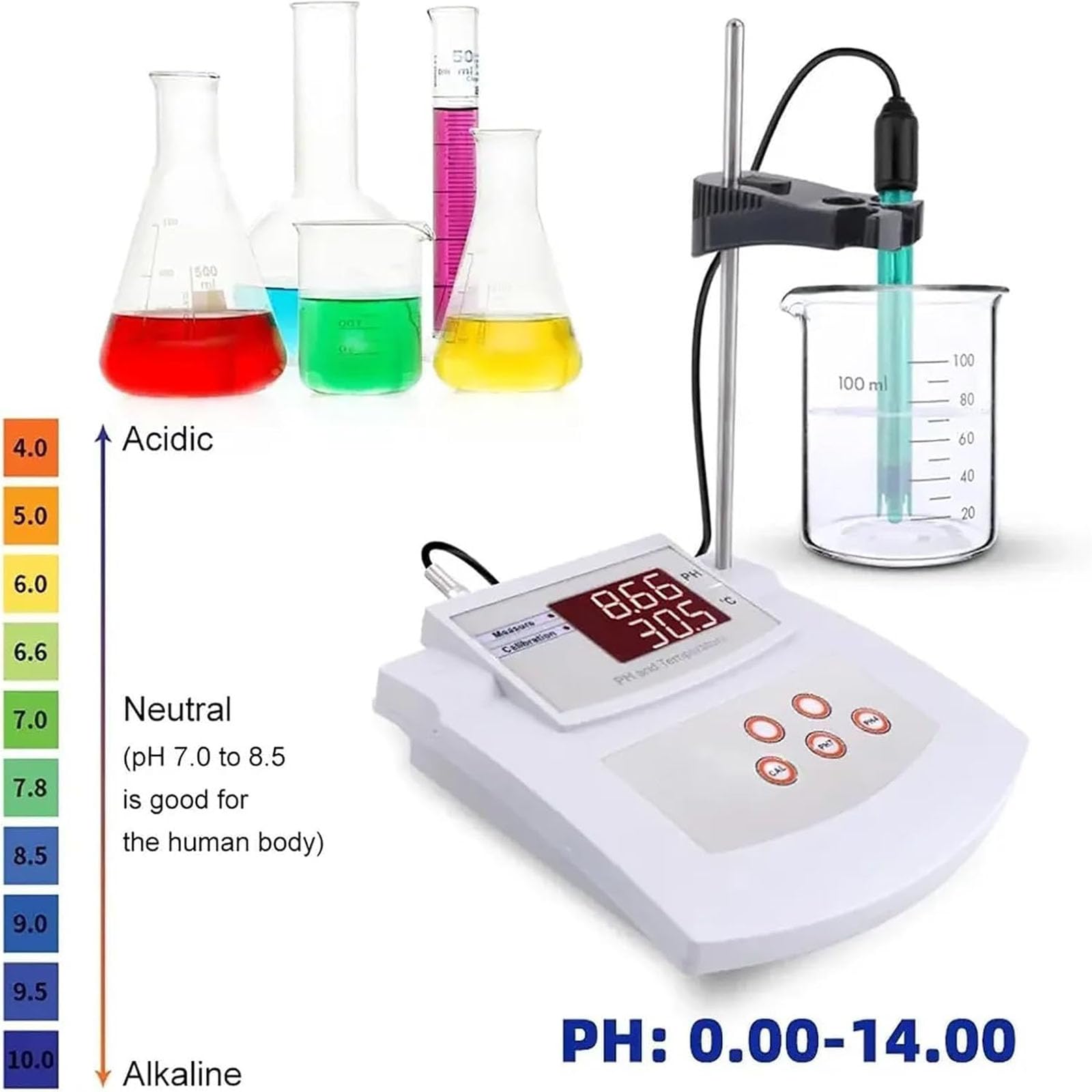 JOSBY Tisch-ph-Meter, Ph-wert- Und Temperaturmessgerät, Automatische Säurekalibrierung, Mit Led-anzeige Und Elektrodenständer Für Aquakultur, Labor, Trinkwasser Und Schwimmbäder