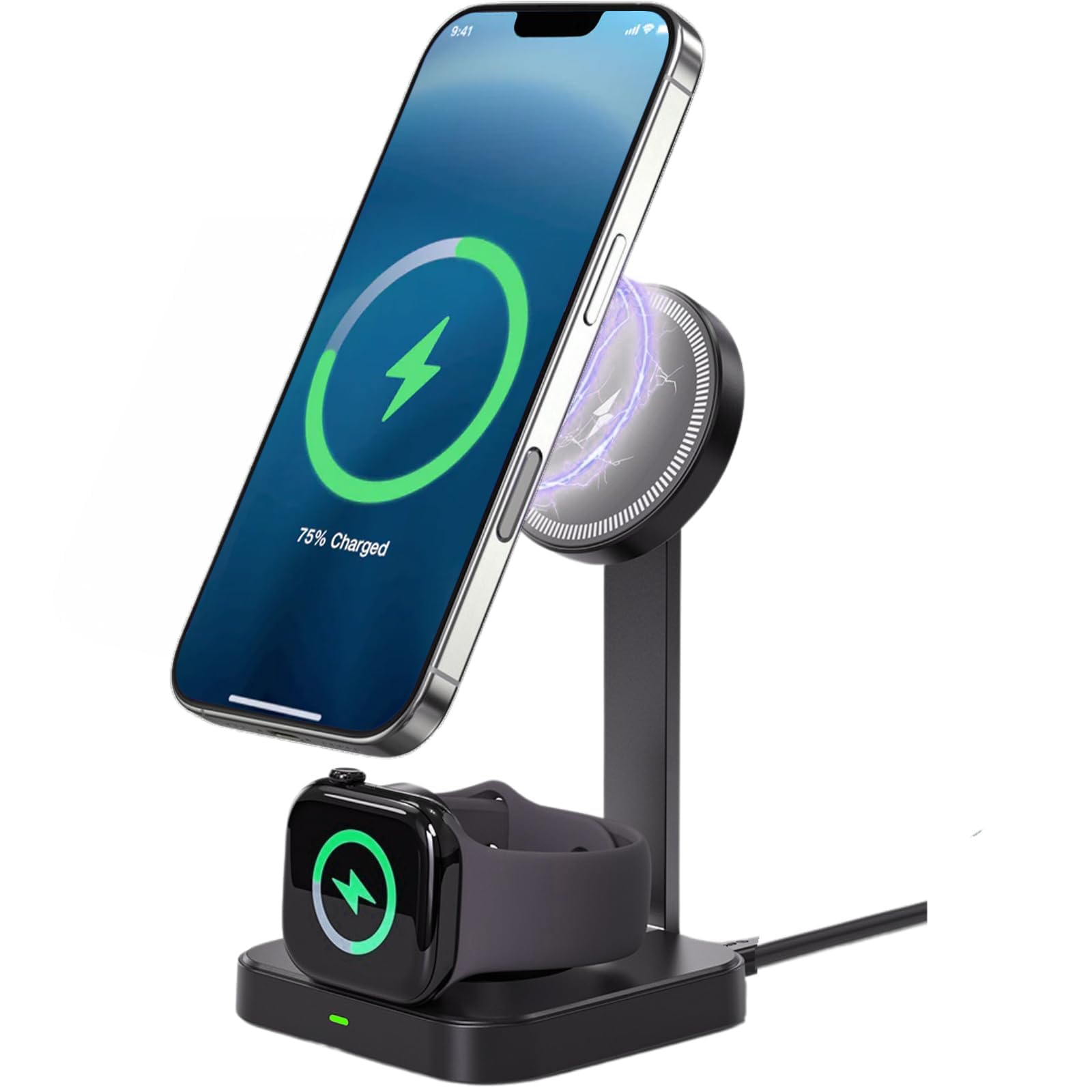 Caricabatterie wireless 2 in 1 da 15 W, stazione di ricarica rapida magnetica pieghevole per iPhone, Apple Watch e Smart Watch