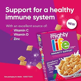 Quaker Mighty Life Multigrain Cereal, Strawberry Blueberry Bliss, Immunity Support, 22.3 Oz Family Size