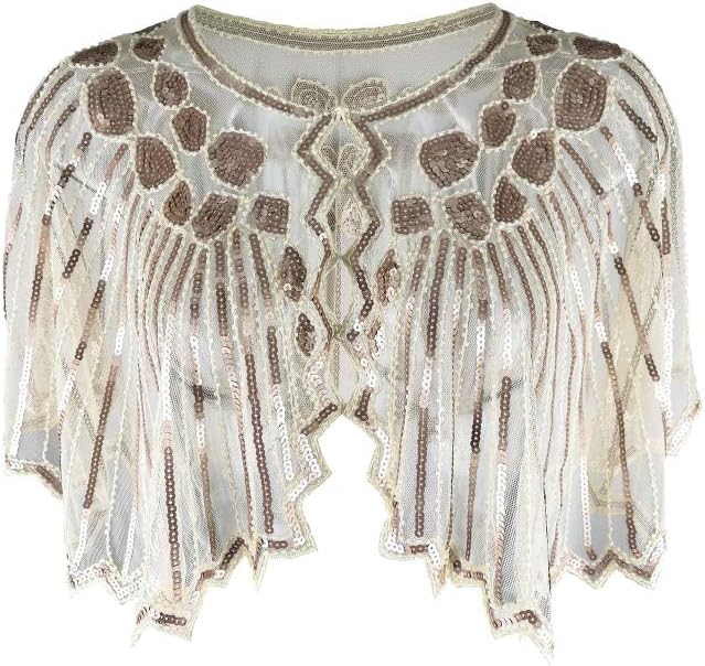 Grouptap1920s champagne yellow gatsby shawl bolero sequin cape shrug wrap for women ladies flapper art deco vintage dress costume (Champagne Yellow, One Size)