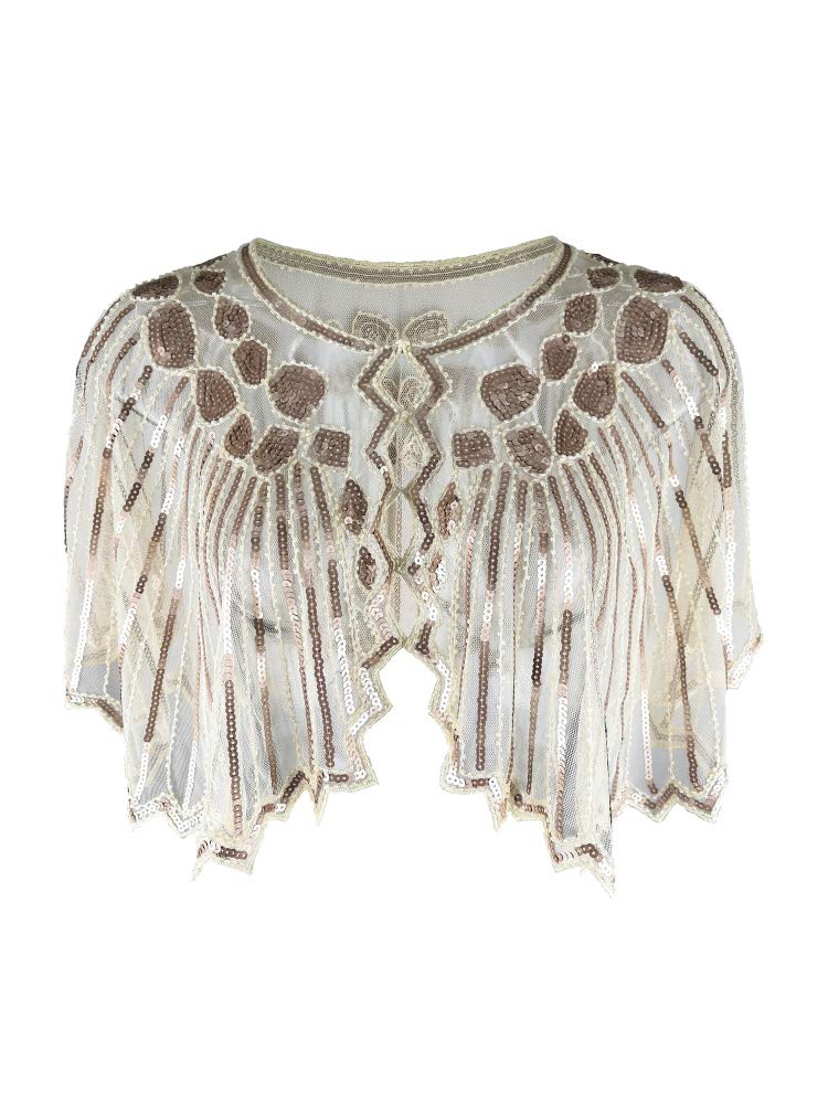 Grouptap1920s champagne yellow gatsby shawl bolero sequin cape shrug wrap for women ladies flapper art deco vintage dress costume (Champagne Yellow, One Size)