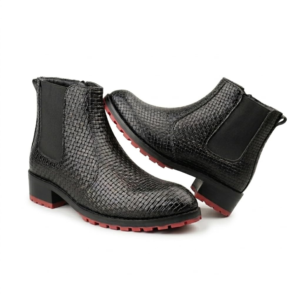 Men's Faux Leather Chelsea Ankle Boots with Side Zip and Unique Cross Texture Design and Anti-Skid Red TPR Sole-image-27