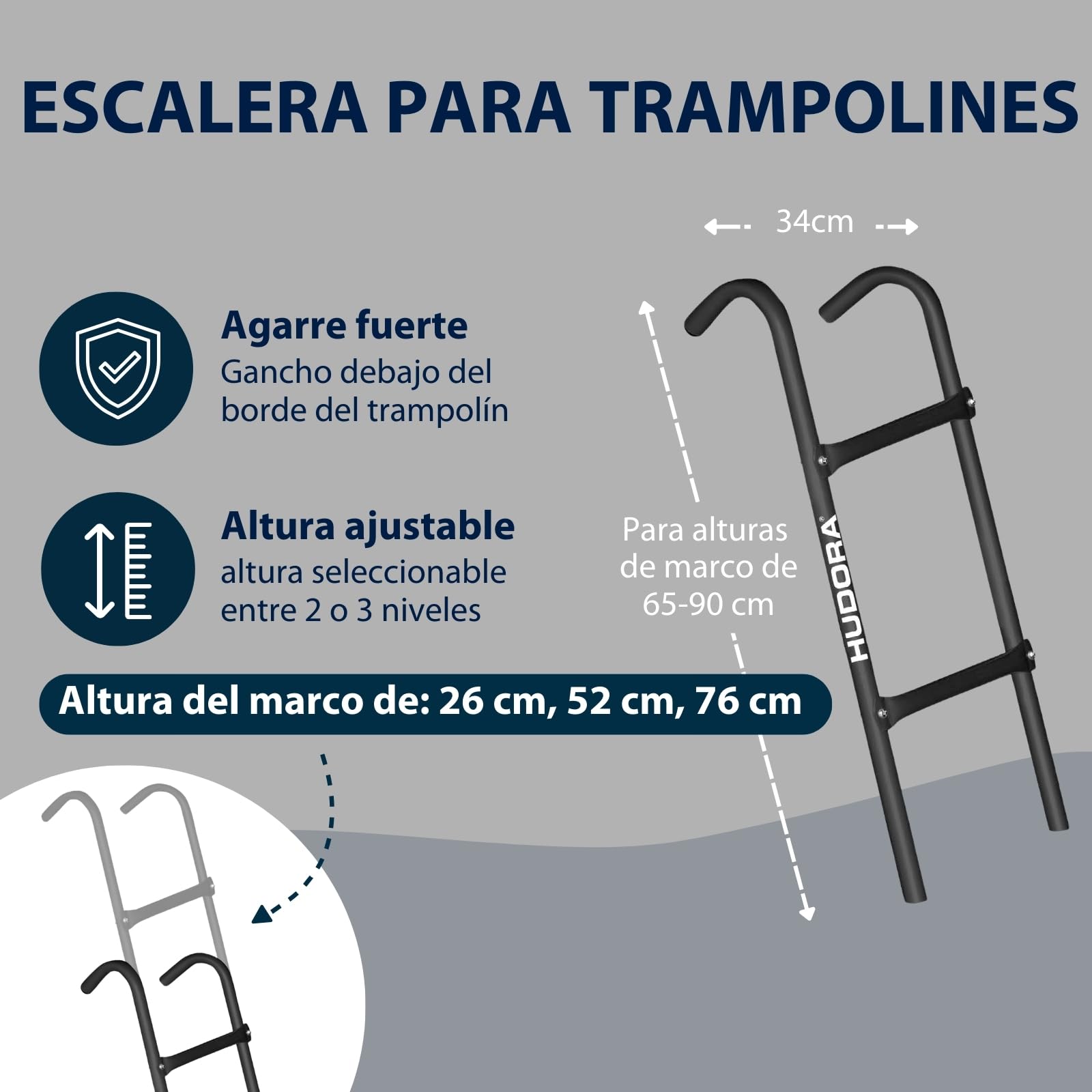 HUDORA Escalera para trampolín - Escalera Ajustable con 2-3 peldaños - Escalera de Seguridad Resistente de Acero para Trampolines Exteriores - Escalera para diversas Alturas de trampolín