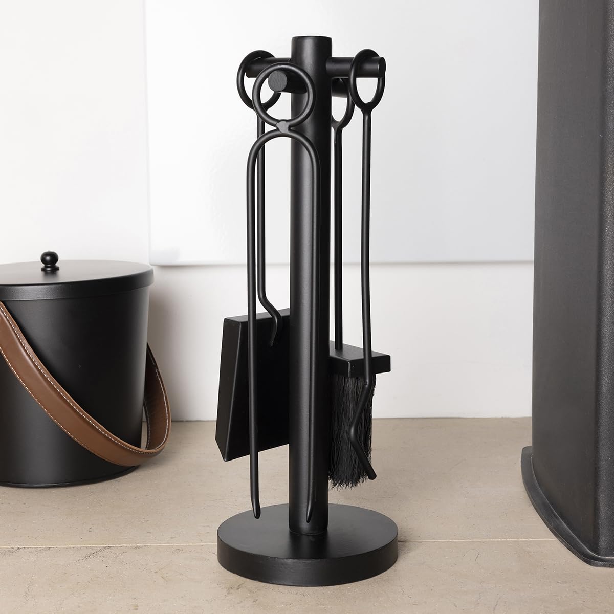 CHARLES BENTLEY Fireplace Companion Set, Snug, Olive, Fireside, Tongs, Poker, Coal Shovel, Natural Coco Fiber Brush, Iron, Tool Stand, Fire Place, Tool Set, Hooped Handles (40x14x14cm)