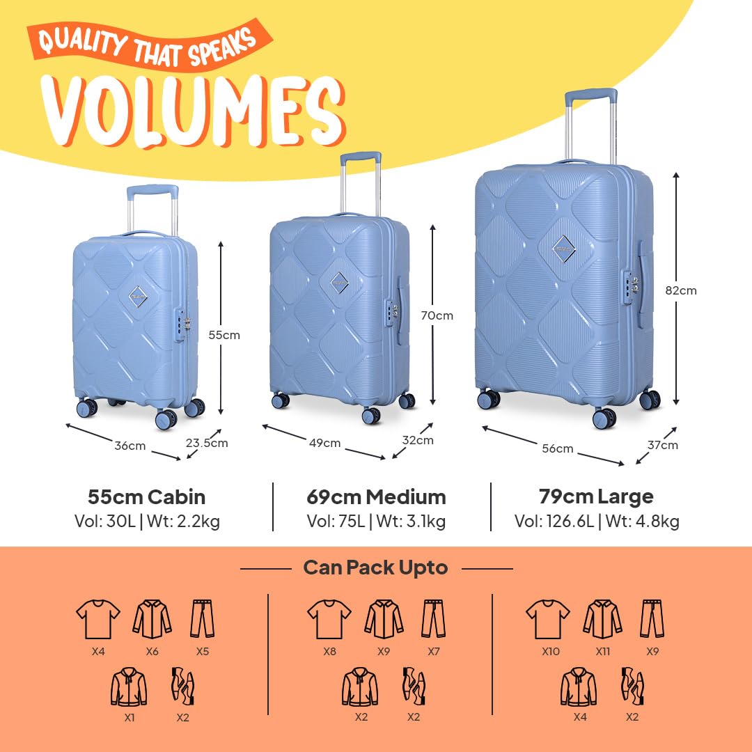 American Tourister Polypropylene (pp) Instavibe 68 Cm Spinner Trolley Bag for Travel Medium Suitcase with Mounted TSA Lock,Flexi Packing Straps,and Side Hooks for Men & Women - Sky Blue,Hard