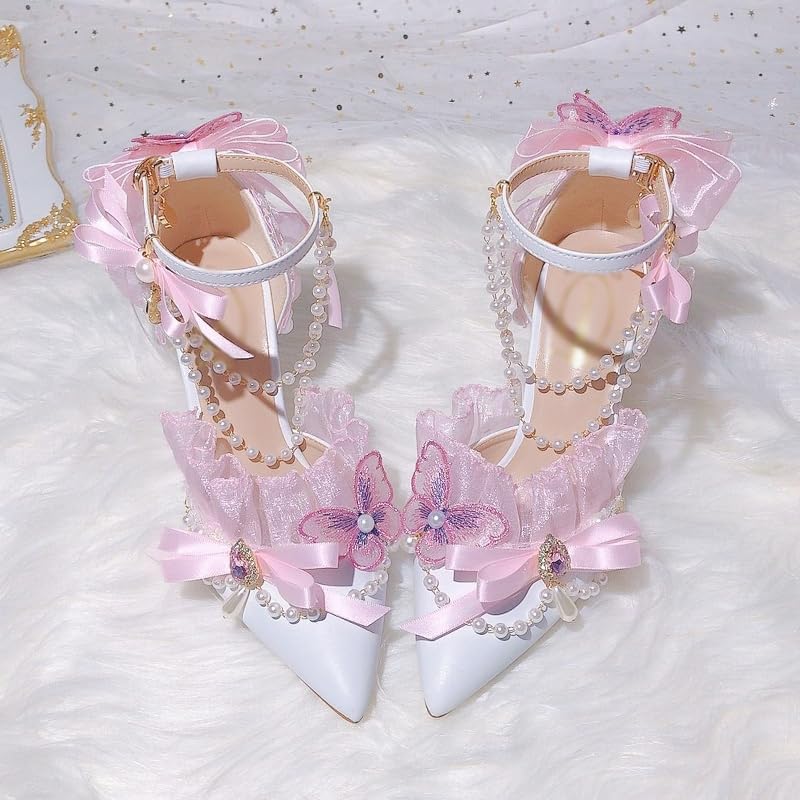 Lolita Pink lace Bow Rhinestone Bridal Wedding Shoes Sweet Pearl Tassel Wrist Strap Pointed high Heel Women's Shoes2