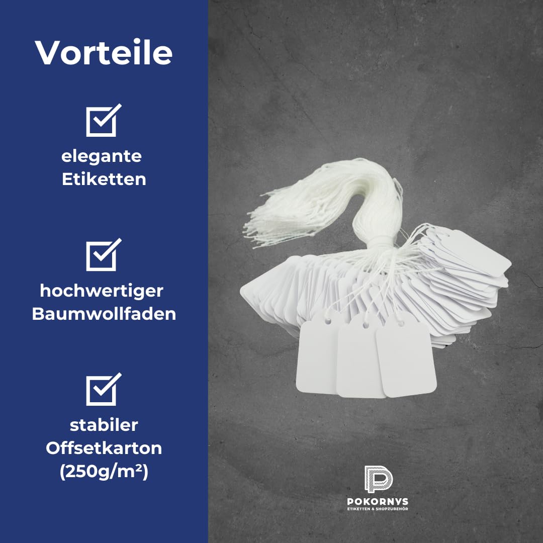 POKORNYS - 1.000 blanko Preisetiketten mit Faden (25 x 39 mm) weiß I Etiketten zum Beschriften I Preisschilder aus Karton mit Baumwollfaden I Anhänger, Hängeetikett, Geschenkanhänger für Kleidung uvm.