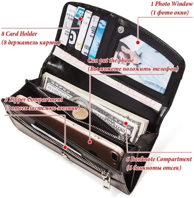 Leather Wallet Leather Women's Wallet Large Capacity Long Purse Clutch Multifunctional Fashion Portable Card Holder Large Capacity (One Color)3