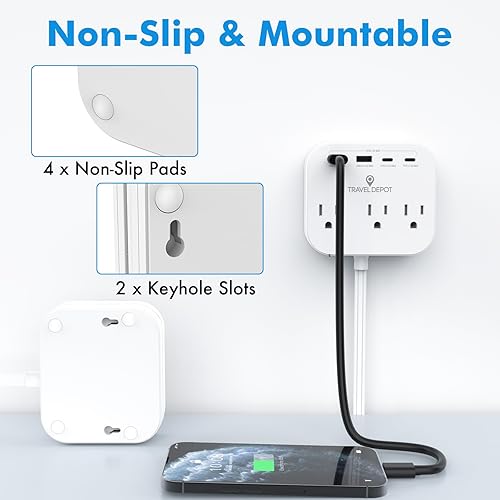 Miniatura 8 de Cruise Essentials - Regleta de alimentación de enchufe plano, cable de extensión duradero de 5 pies con extensor de 3 salidas y cable tipo C