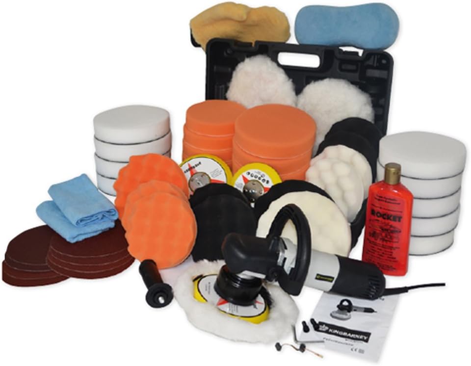 Car Polisher Kit/Buffer/Sander (UK Plug) 710 Watt Set 5 - high Quality polishing Machine with Carry case - Orbital Movement - Dual Action - 48 pcs. Accessories - Many sponges, Pads, Polisher Heads