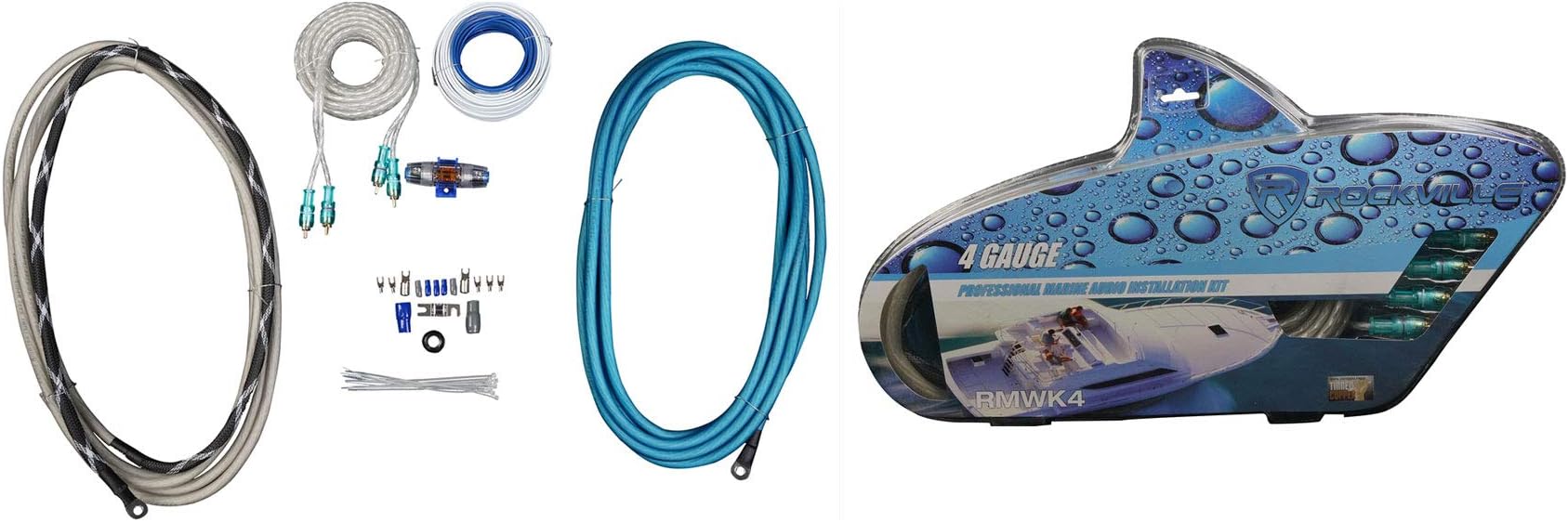 Rockville RMWK4 4 AWG Waterproof Marine Amplifier Wire Kit, 20ft Tinned OFC RCA, 18ft CCA Power/Ground, 25ft CCA Speaker/Remote Wires, Fuses, and Terminals for Boat Power Amp Installation