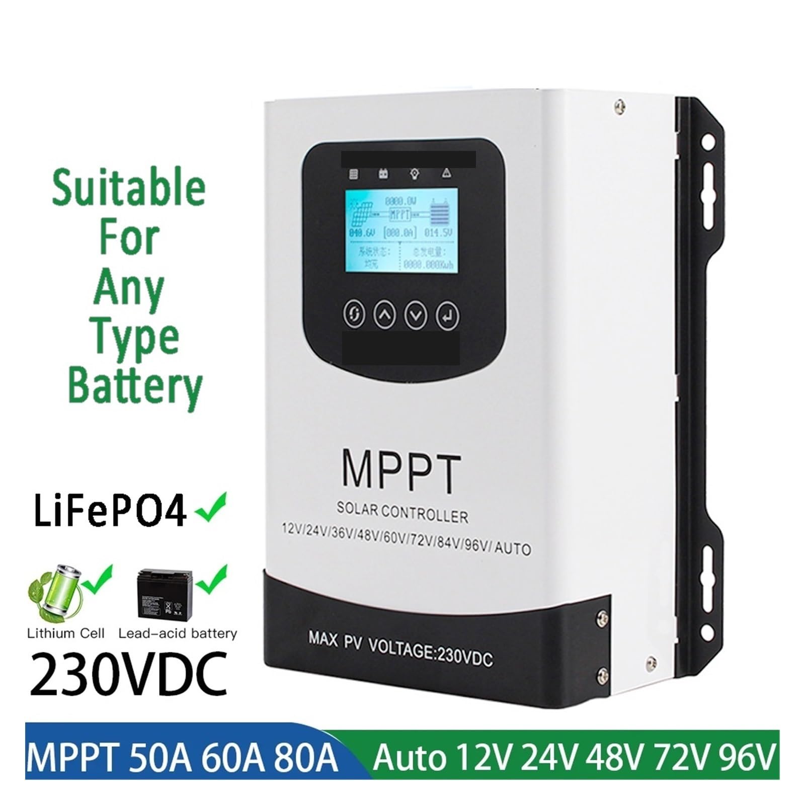 Kontroler ładowania słonecznego, LCD Inteligentny Regulator Ładowania Słonecznego MPPT 30A 40A 50A 60A 80A 100A 120A Do Panelu Bateria Litowo-ołowiowa LiFePO4(With WIFI,50A_12V TO 96V)