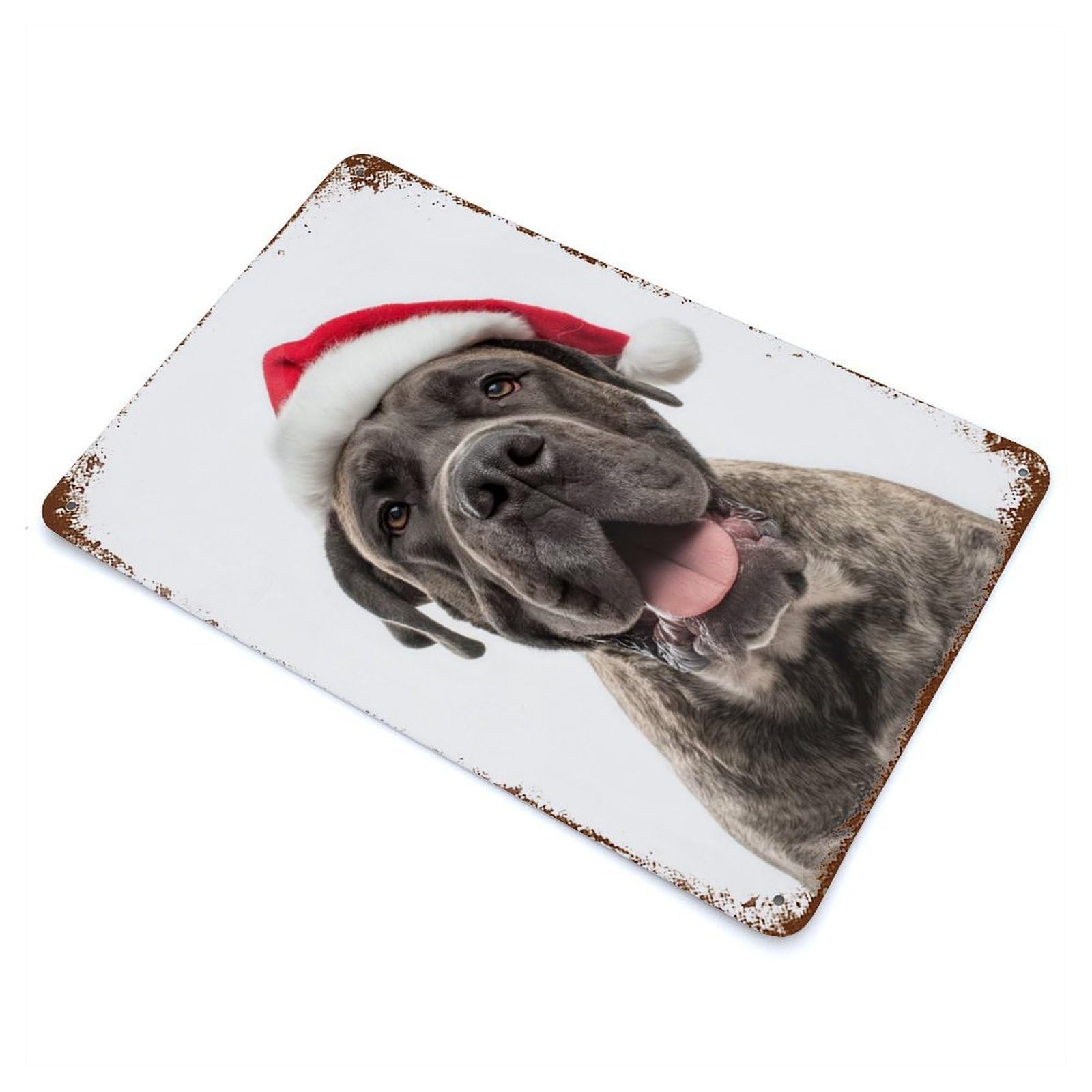 Rust Effect Mastiff Dog with Santa Hat Distressed Metal Wall Sign 11.8"x7.9", Decorative Metal Wall Art for Living Room, Hallway And Home Decor