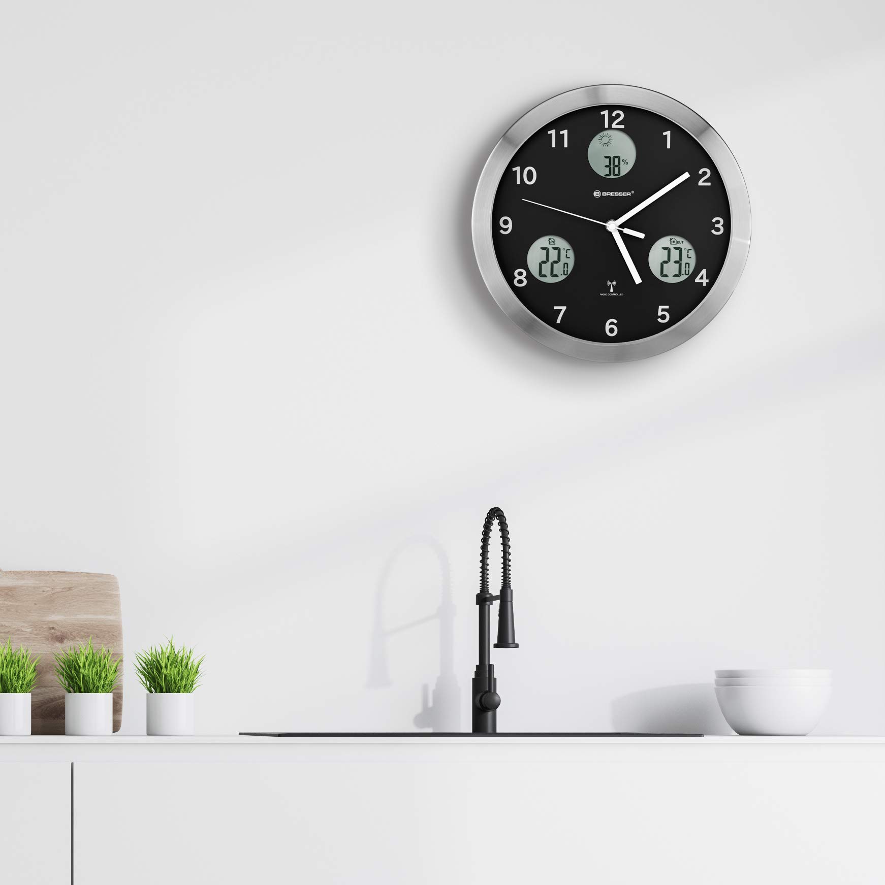 Horloge Murale Bresser MyTime ND - Radio-Pilotée, Thermo-Hygro, Cadre Acier, Silencieuse, Blanc