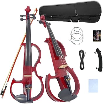 Electric Viola 4 String 4/4 Full Size, Silent Practice Viola, Solid Wood Metallic Electric Fiddle with Ebony Fittings, Beginner Kit for Adults Teens red