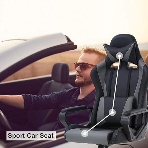 Miniatura 2 de Silla de oficina para videojuegos con brazos y apoyo lumbar, reposacabezas con respaldo alto, de piel sintética, silla de escritorio ergonómica,