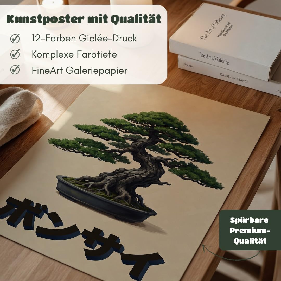MJ-GRAPHICS® Poster Bonsai Kunstdruck asiatisch Wandbild Zen Garten Deko Wohnzimmer Wanddeko Vintage Stil grün beige Schlafzimmer Bilder Meditationsraum 50x70 mit beigem Rahmen