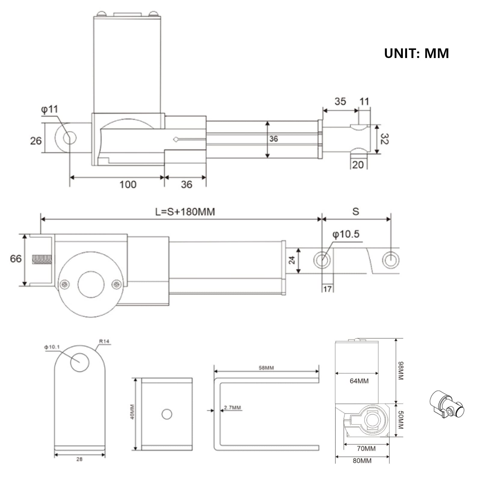 Actionneur Linéaire DC 12V/24V 8000N (800kg/1763lb) Charge élevée Électrique + Manuel Multi-Fonctions Élévateur Télescopique à Tige De Poussée(Size:300mm,Color:DC 24V)