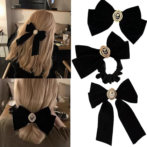 3 pinzas de terciopelo negro para el cabello, horquillas grandes para cola de caballo, accesorios elegantes de aleación con diseño de rosas para
