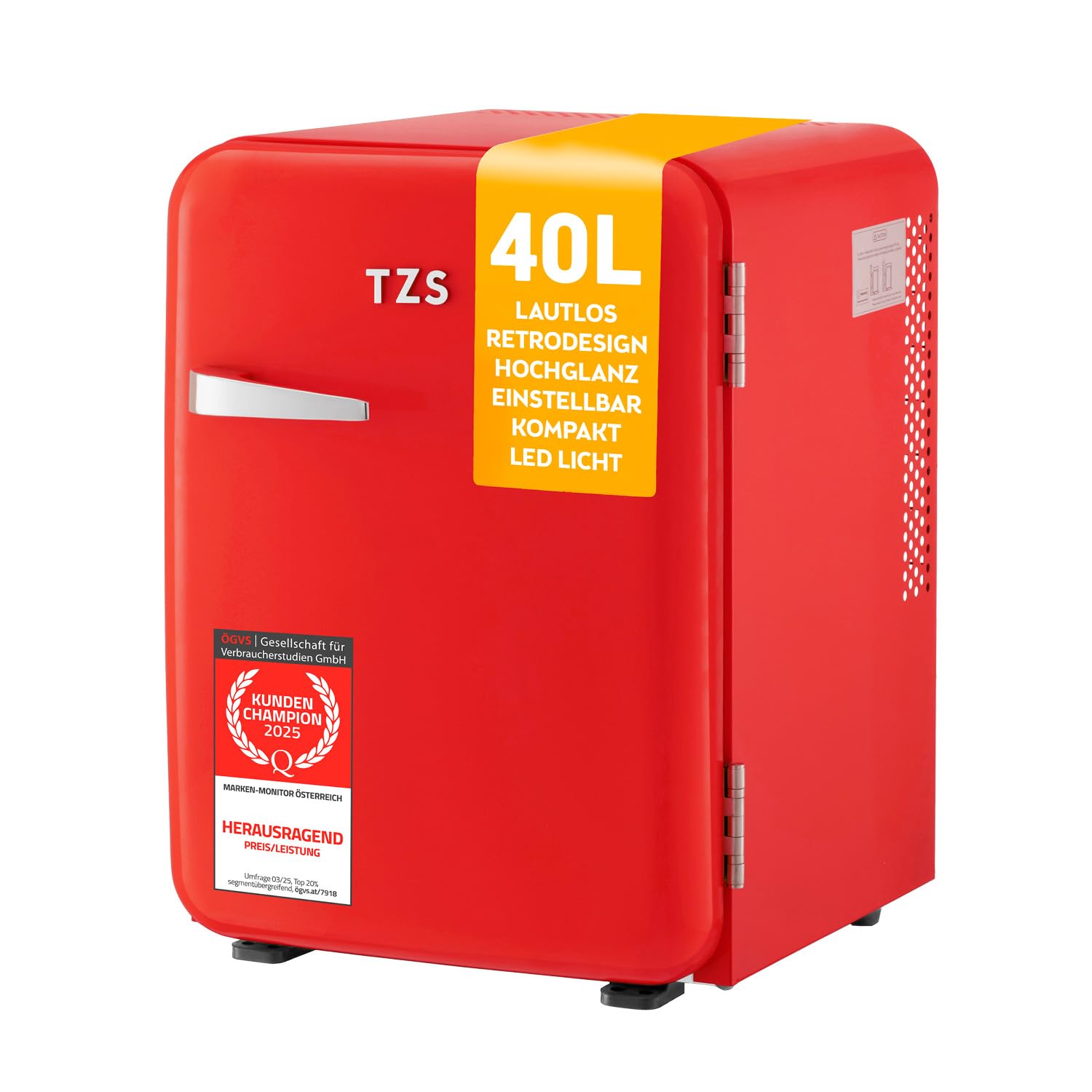 TZS First Austria - Retro Mini Kühlschrank 40L lautlos - Kleiner Minikühlschrank im Vintage-Design mit Innenbeleuchtung & 2 Türfächern - Minibar für Camping, Büro, Schlafzimmer & Hotel - rot