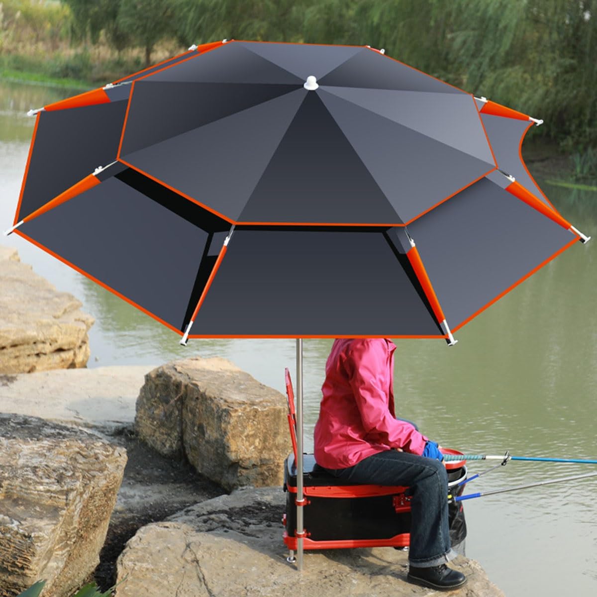 Robuster, tragbarer Angelschirm, winddichter Falt-Gartenschirm mit Gurt und Tragetasche für Outdoor-Aktivitäten wie Reisen, Terrasse, Strand, Park und Camping – Sonnenschutz