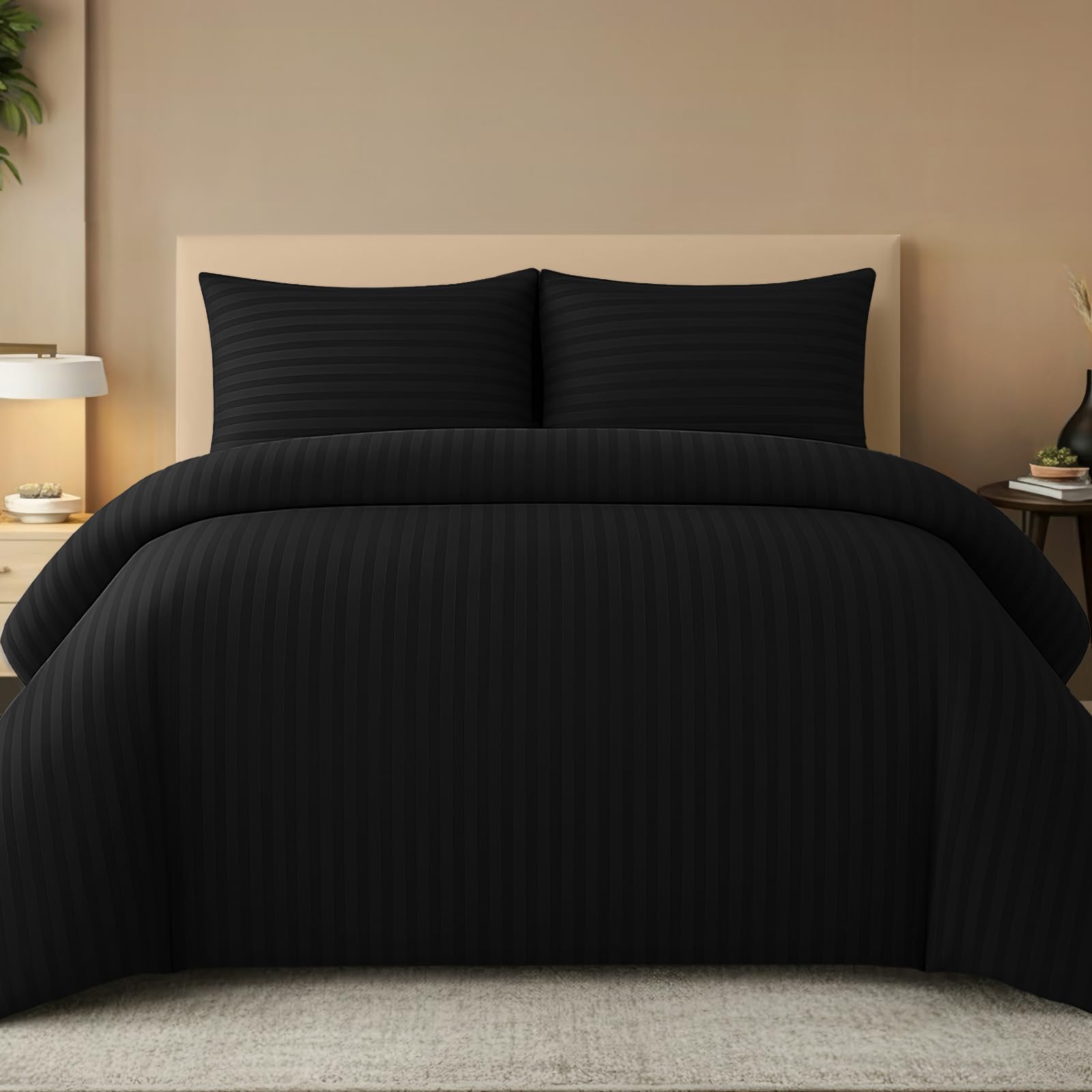 Pamposh Black Satin Stripe Single Duvet Cover Set - Premium Hotel Quality Quilt Cover Bedding Sets - Hypoallergenic Ultra Soft Microfiber Bed Linen