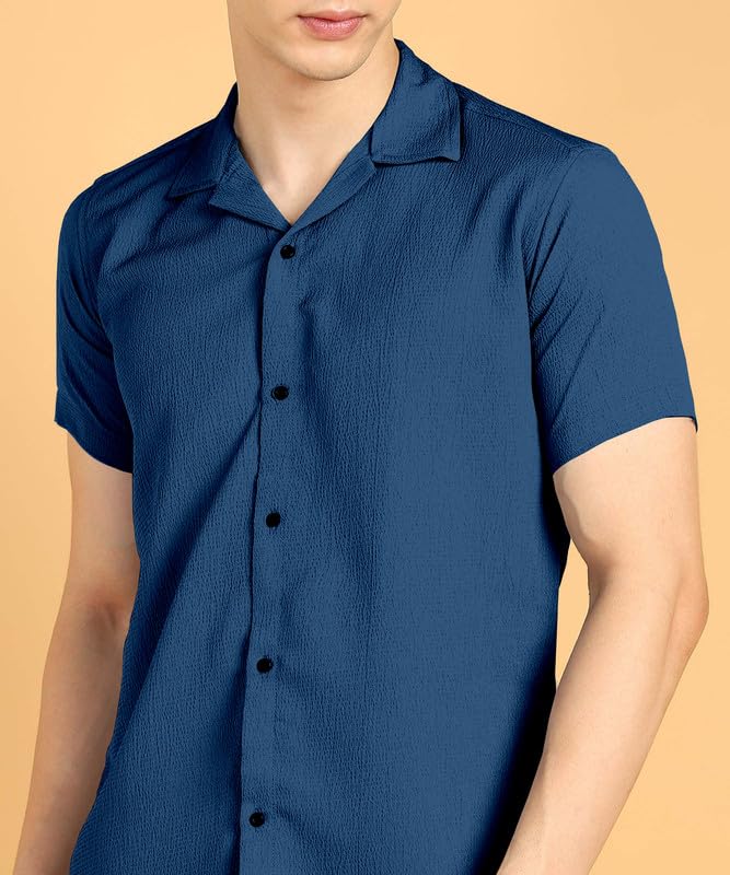 Image of COMBRAIDED Men's Solid Cotton Blend Half Sleeve Shirt - Regular Fit Casual Button-Down Shirt for Office & Travel - Summer & Spring
