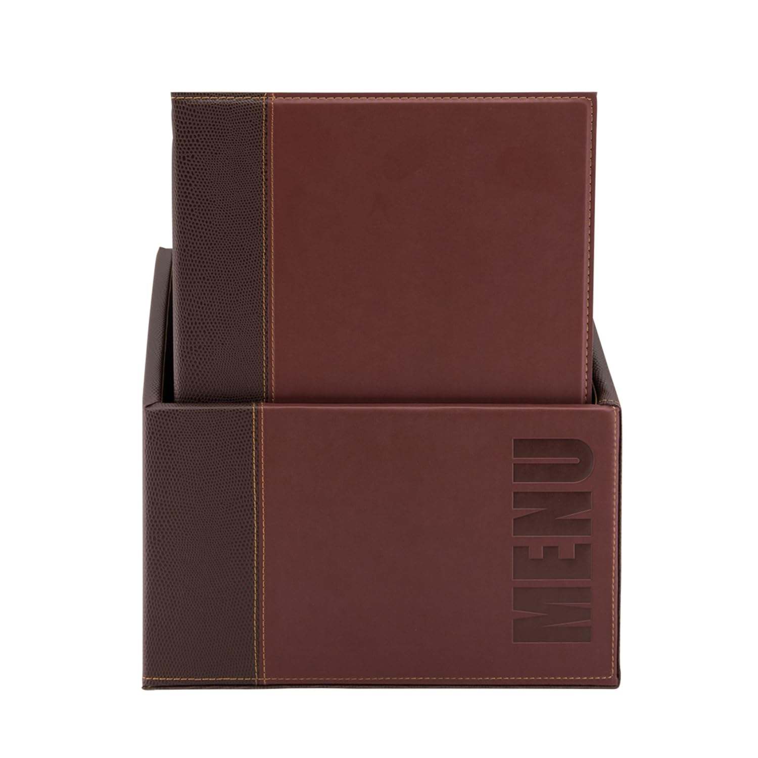 SECURIT - Box de 20 Cartes Menu A4 Gamme Trendy avec Boîte | Simili-Cuir - Insert Double 4 Pages Inclus - Couleur Bordeaux