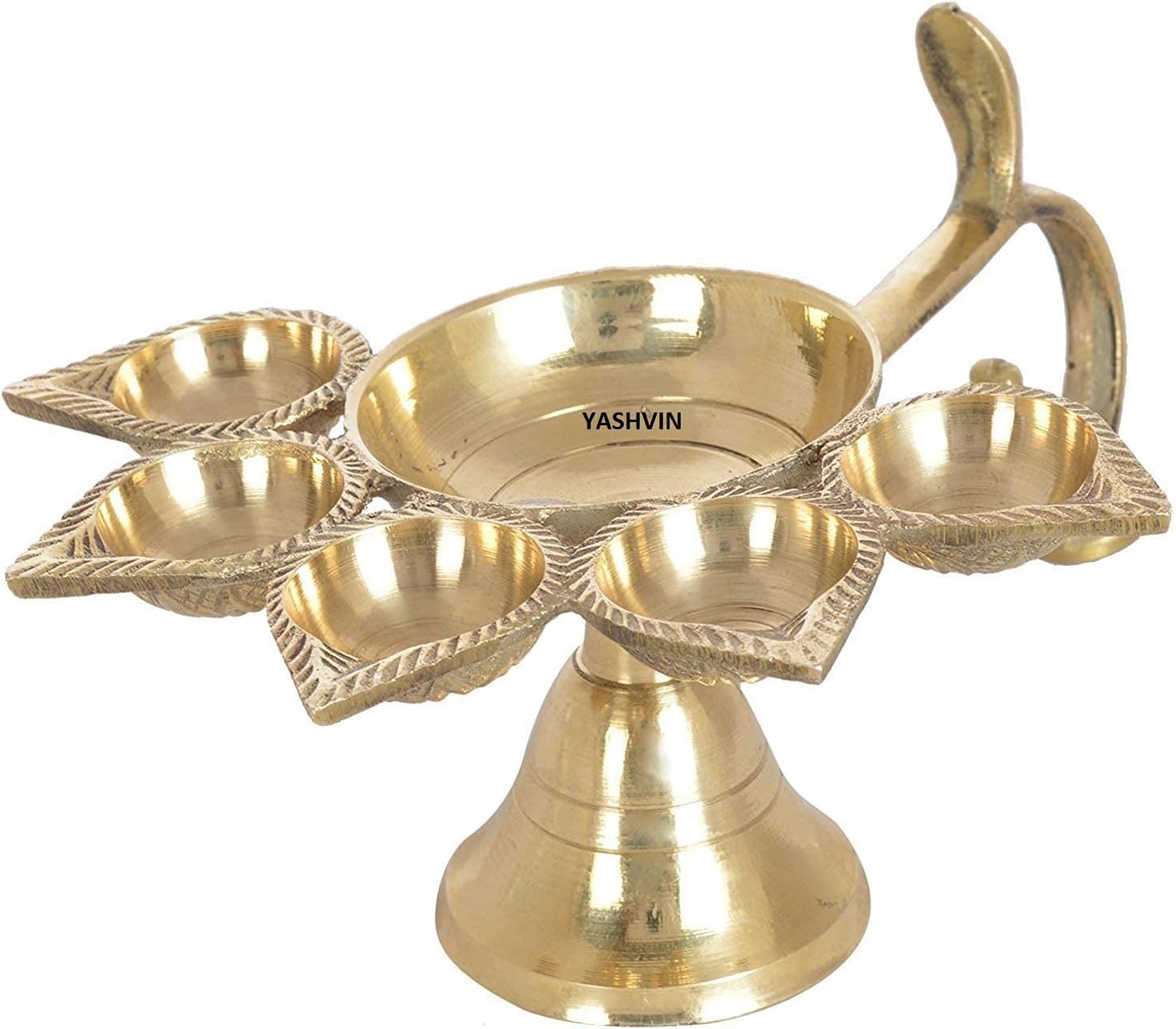 YASHVIN || Brass Panch Aarti Lamp Big Size || Handle Diya for Puja || Pancharti Diya Oil Lamp || Panch aarti Jyoti/Puja Diya for Diwali/Navratri/Any Festival & Pooja || SHM198
