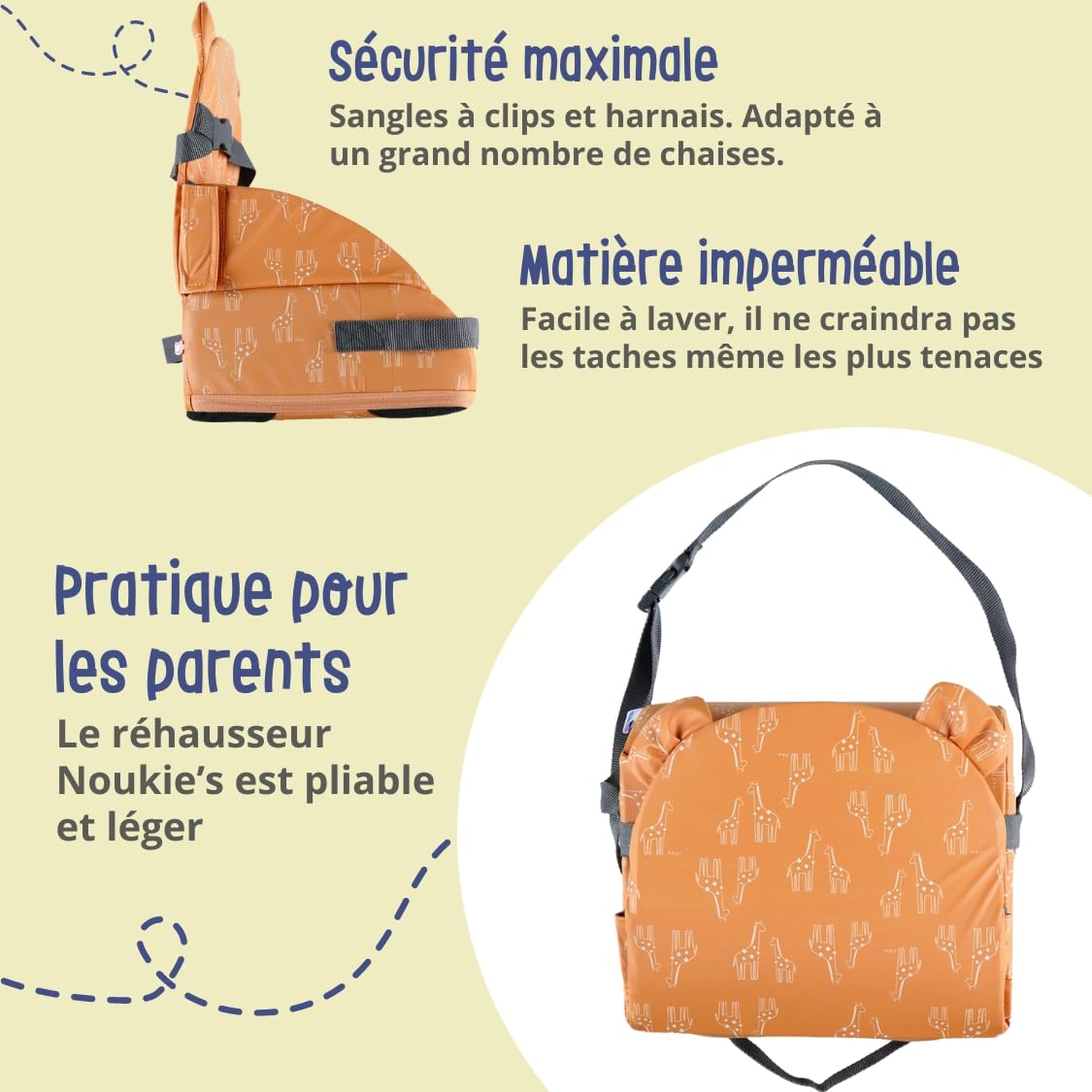 NOUKIE'S - Rialzo Ocra Bambino da 9 mesi a 3 anni Sedia per bambini con schienale e cuscino- Leggero, pieghevole e Nomade - Imbracatura, Sicurezza - Impermeabile, sfoderabile e lavabile - Max 13 kg