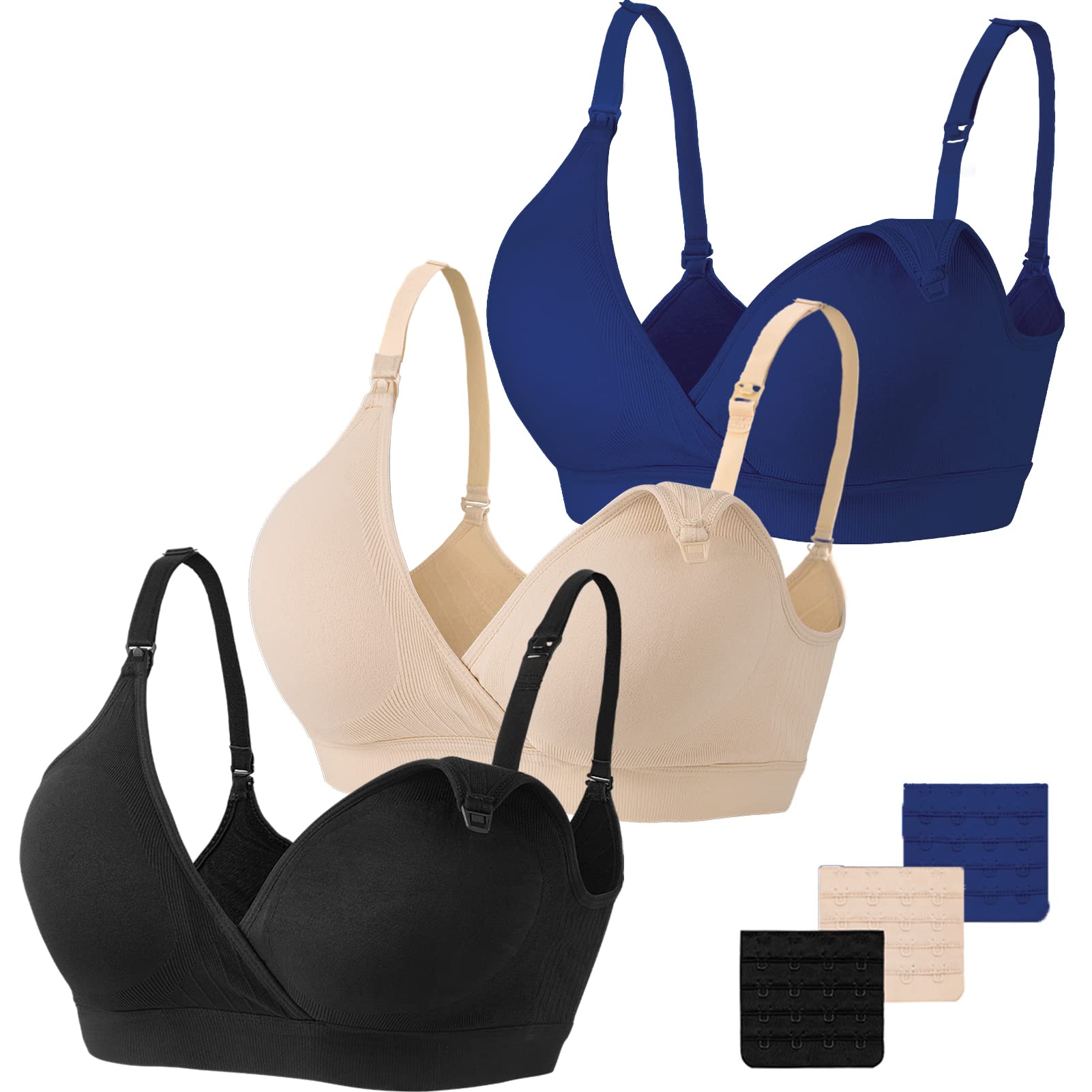Vinfact Set da 3 Reggiseni Allattamento Senza Cuciture Reggiseno Premaman Cotone Morbido con Imbottito Reggiseno Gravidanza Senza Ferretto, Design Sexy con Scollo a V
