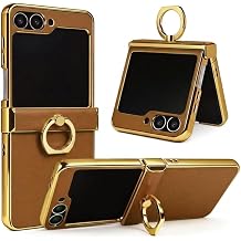 Genuine Leather Case for Samsung Galaxy Z Flip, Military-Grade Drop Protection, Hinge Protection Cover with Ring Kickstand, Gold Trim Brown, Z Flip5