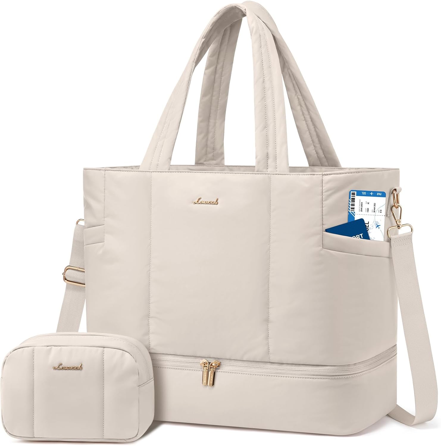 LOVEVOOK Travel Duffle Bag, Puffer Weekender Bags for Women with Shoe Compartment, Carry On Overnight Hospital Bag, Gym Tote 42L-Large Beige