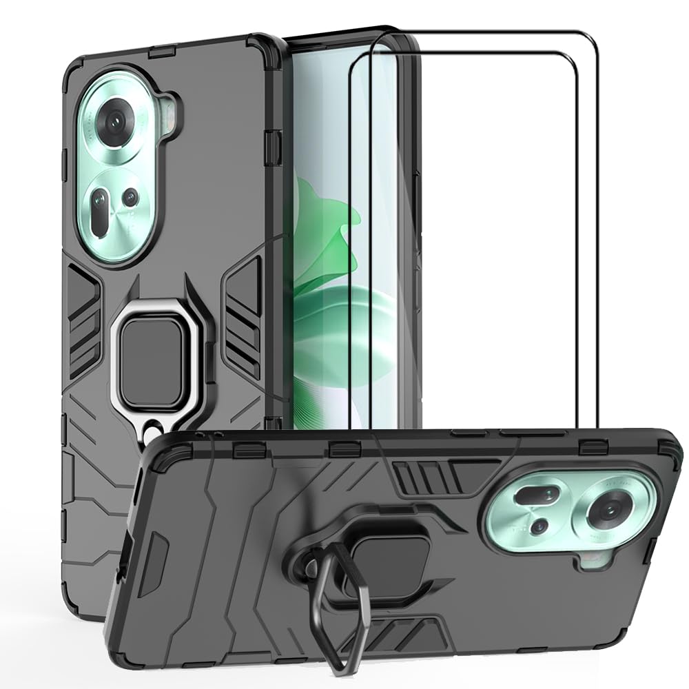 Case for Oppo Reno 11 5G Case Kickstand with Tempered Glass Screen Protector [2 pcs], Hybrid Heavy Duty Armor Dual Layer Anti-Scratch Phone Case Cover, Black